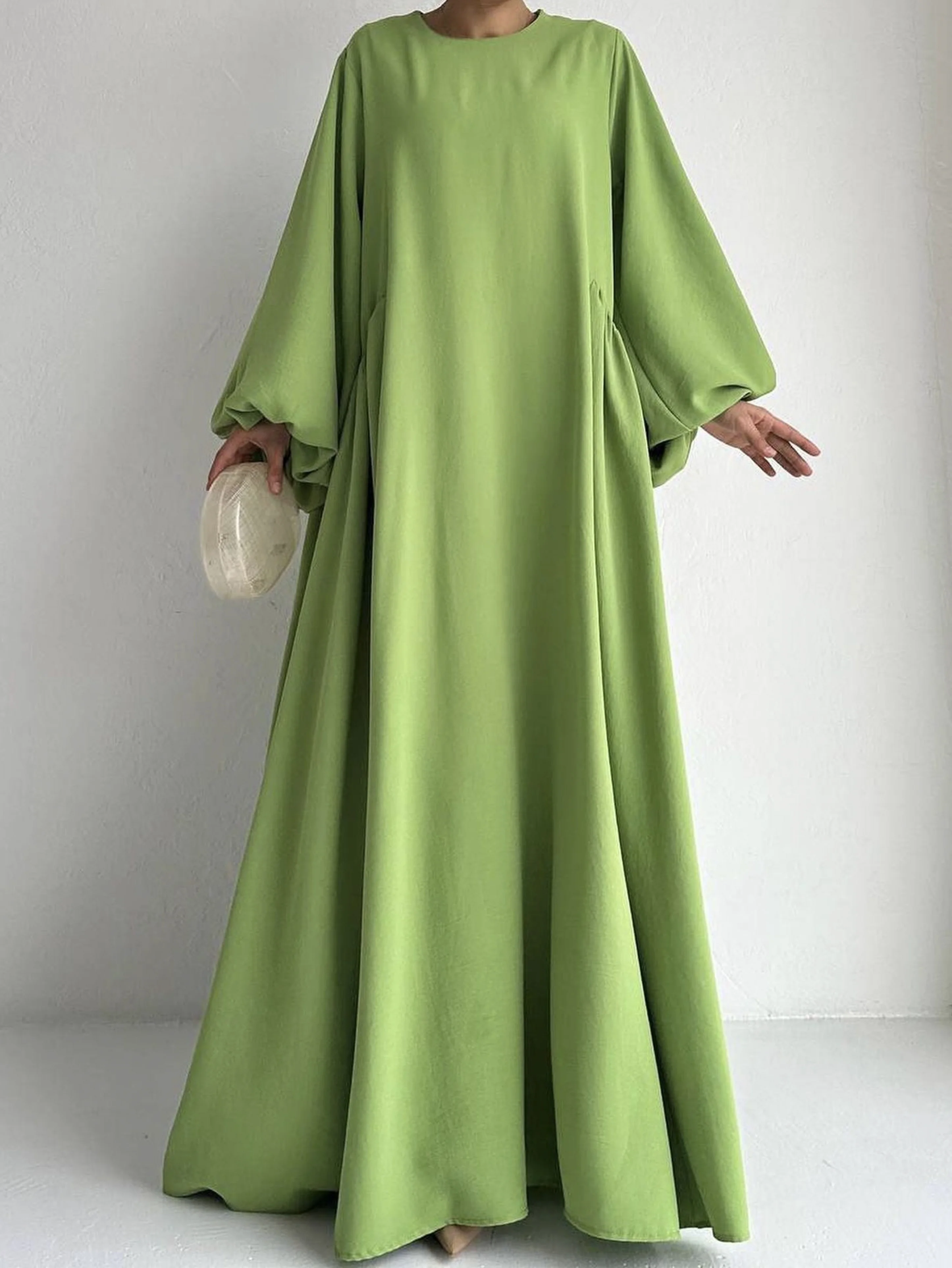 Abaya Ramadan Solid Bishop Sleeve Kebaya Kaftan, vestido elegante de comprimento maxi com gola redonda, Abayas islâmicas para mulheres