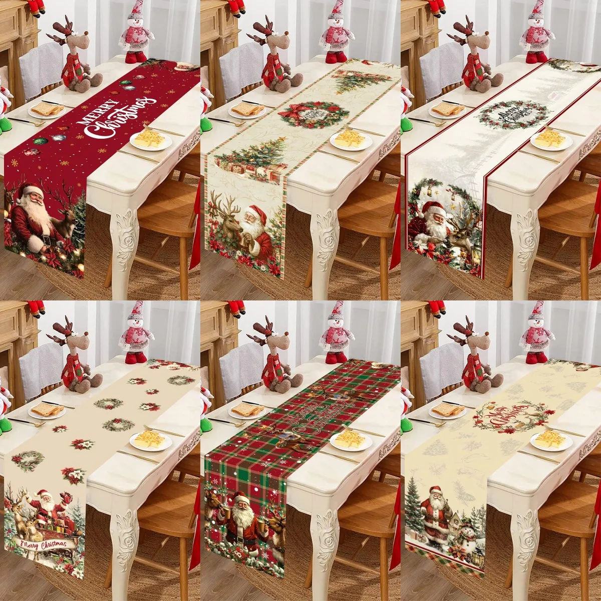 Camino de mesa navideño Vintage, cubierta de mesa Retro de Papá Noel, adornos navideños para el hogar, regalo de Navidad 2025, Año Nuevo 2026