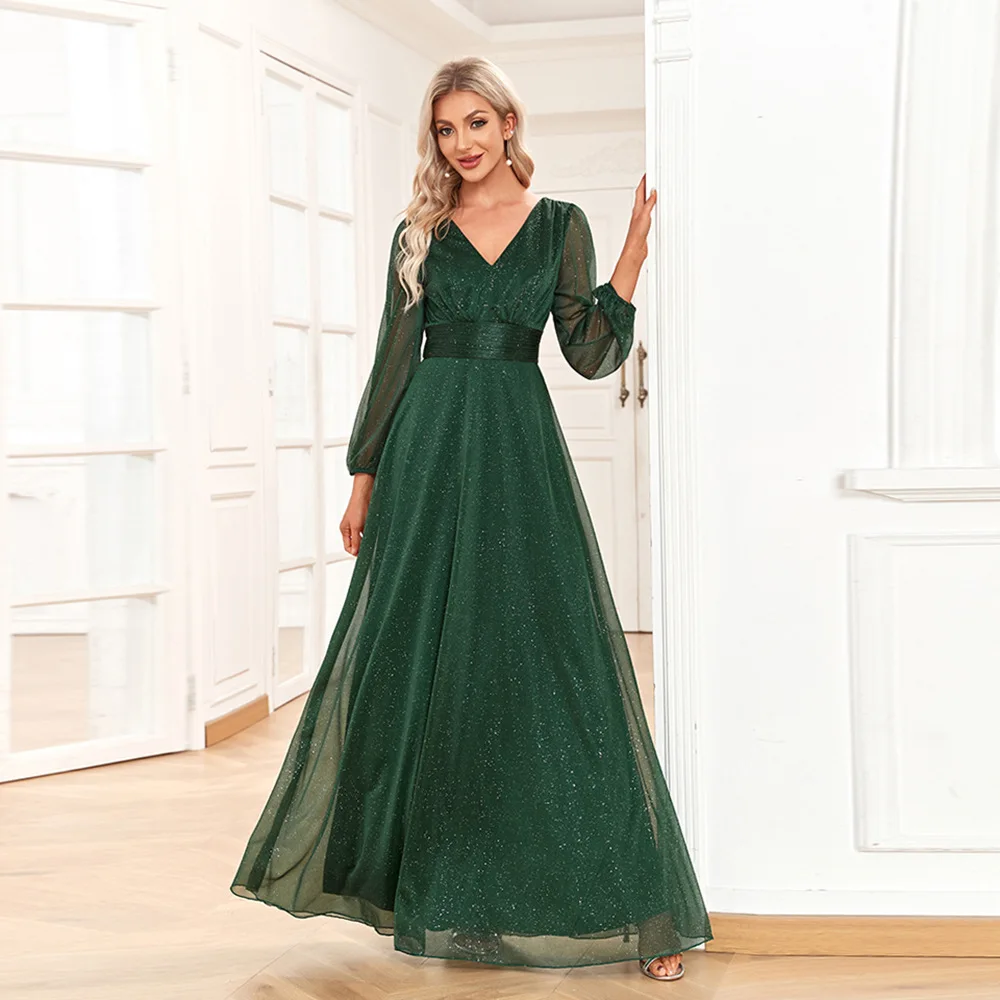 Vestido de noche de manga larga con cuello en V para mujer, vestido de gasa brillante, línea A, elegante, para fiesta de baile, diario, 2024