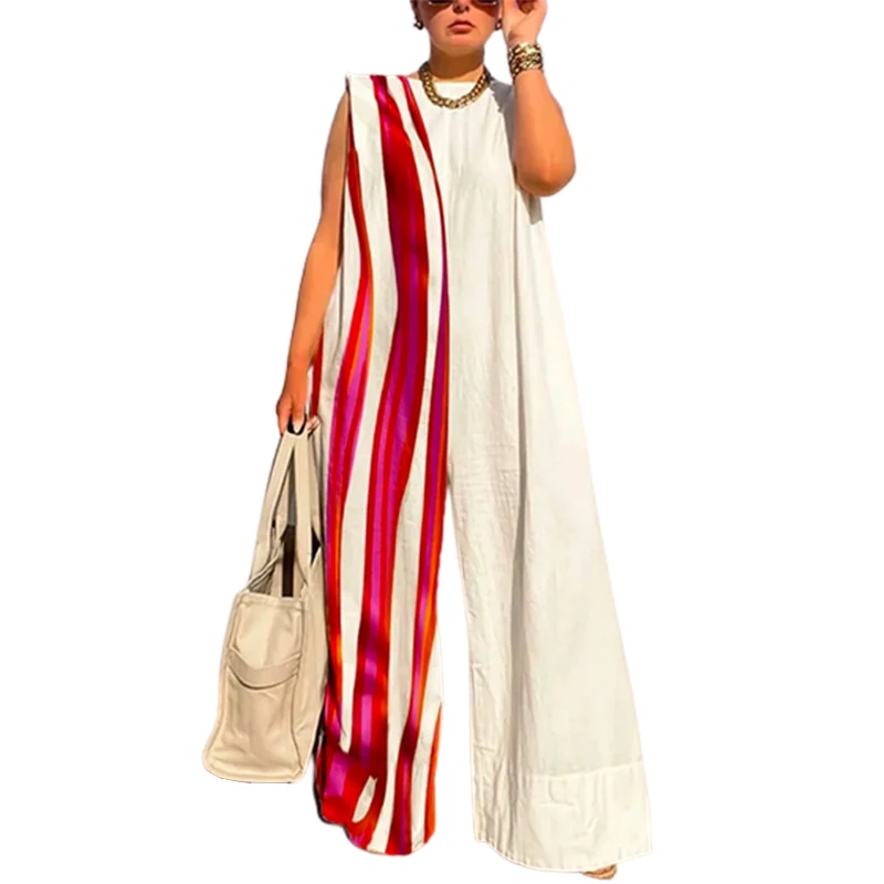 Yeezzi 2025, neue Damen-Overalls mit Kontrastfarbe, gestreift, weites Bein, Sommer, ärmellos, lässig, modisch, einteilig, Streetwear