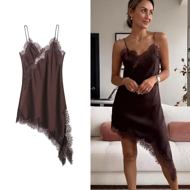 TFMLN Abiti da donna sexy con giunture in pizzo Abito estivo senza maniche asimmetrico solido Abito da donna sottile senza schienale con fionda