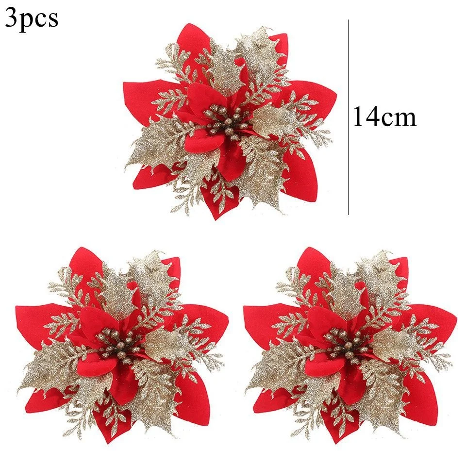3 Giáng Sinh Hoa Đỏ Vàng Bling Đầu Hoa Cho Noel Nhà Trang Trí Cây Navidad Đảng Đặt Bàn Trang Trí Vật Dụng