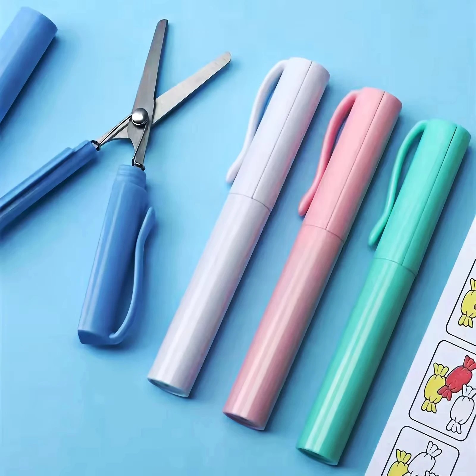 Mini ciseaux pliants compacts en acier inoxydable, 1 pièce, Portable, créatif, Style stylo, Design bleu rose blanc pour étudiants, projets artistiques
