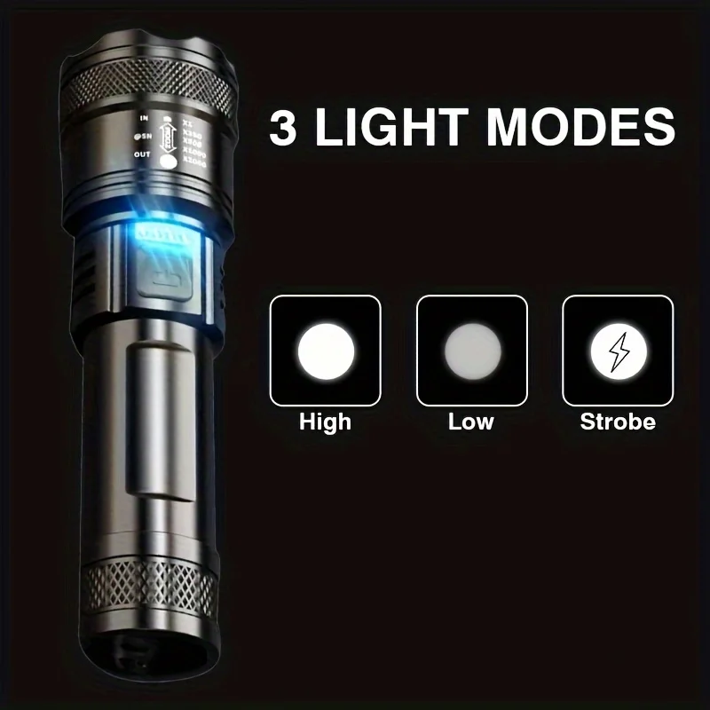 Lanterna telescópica com zoom, alta potência, recarregável por usb, led, portátil, tática, luz forte ao ar livre