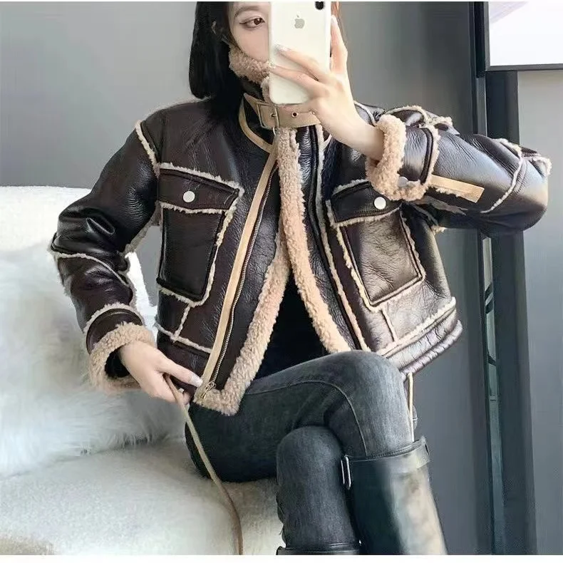 Kurze Damenjacke aus Kunstfellleder, Wollmantel, dicke Motorradjacken, Vintage-Lammwolle, lockere Oberbekleidung, Winter