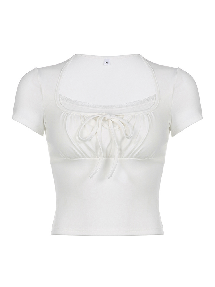 Casual Wit Gebreide Lac Patched Vrouwelijke T-shirts Y2K Koreaanse Stijl Slanke Tie Up Shirring Zomer Top Tee Plooien Outfits