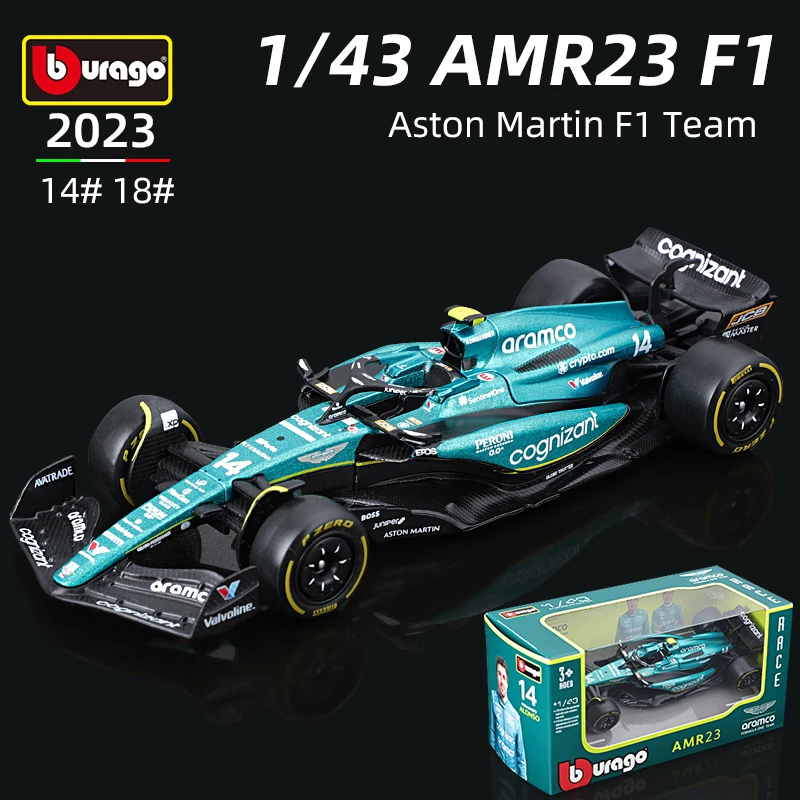 Bburago 1:43 Aston Martin AMR23 F1 liga modelo de carro fórmula corrida brinquedo fundido 14 #   Fernando Alonso 2023