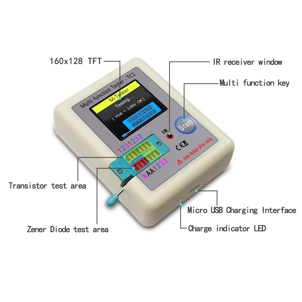 LCR-TC1 1.8 "TFT LCD Màn Hình Hiển Thị Đa Đo Transistor Kiểm Tra Diode Triode Tụ Điện Điện Trở Thử Nghiệm Đo MOSFET NPN PNP triac MOS