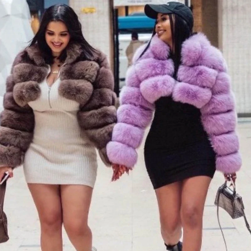Frauen Faux Pelzmantel Kurze Mäntel Stehkragen Zipper Jacken Offenen Stich Warme Dicke Elegante Splice Herbst Winter Pelzigen Oberbekleidung