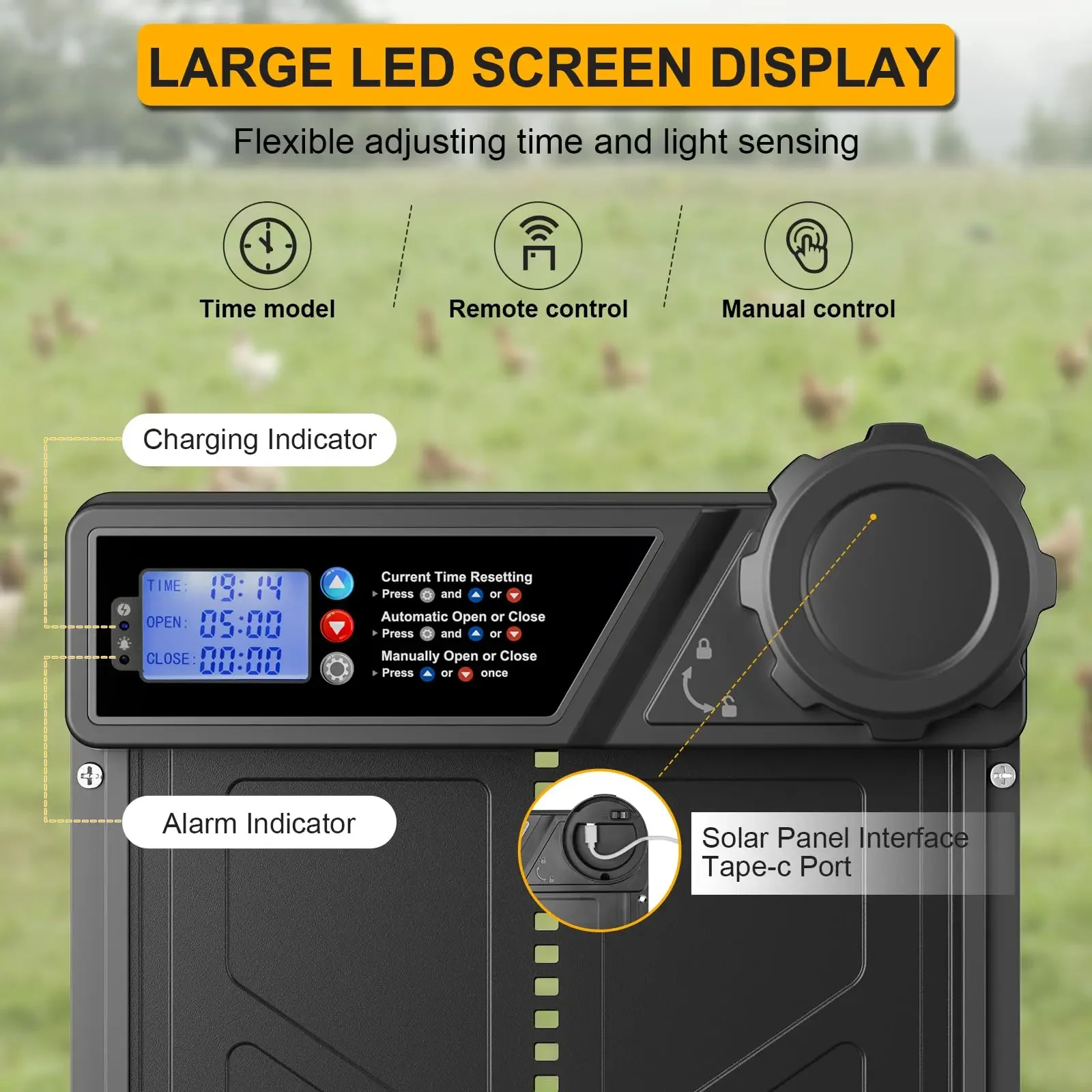 Automatische Hühnerstalltür, solarbetrieben, LCD-Display, automatische Hühnertür mit Timer, Hühnertür aus Aluminiumlegierung mit Fernbedienung