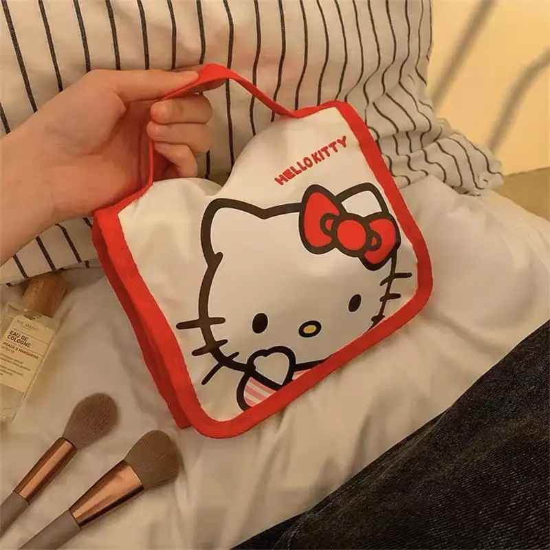 Sanrio Hello Kitty Kosmetiktasche, Cartoon-Motiv, niedlich, große Kapazität, faltbar, Aufbewahrung, Reisetasche, Kawaii, tragbar, kariert, Handtasche