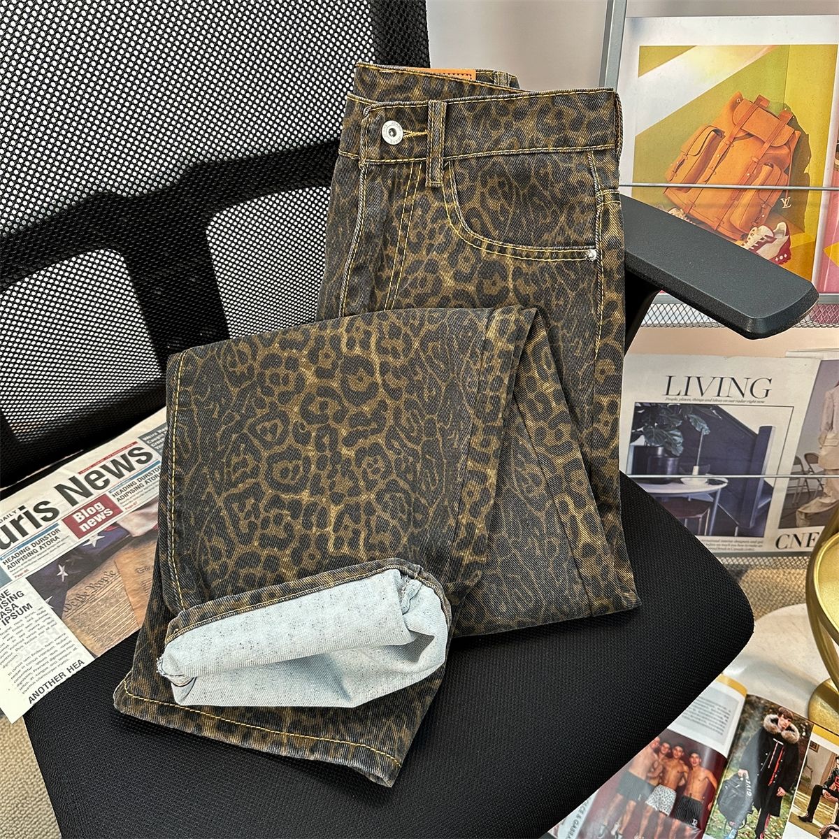 Retro primavera na moda leopardo impressão jeans feminino americano calças de rua alta y2k harajuku estilo baggy cintura alta calças casuais