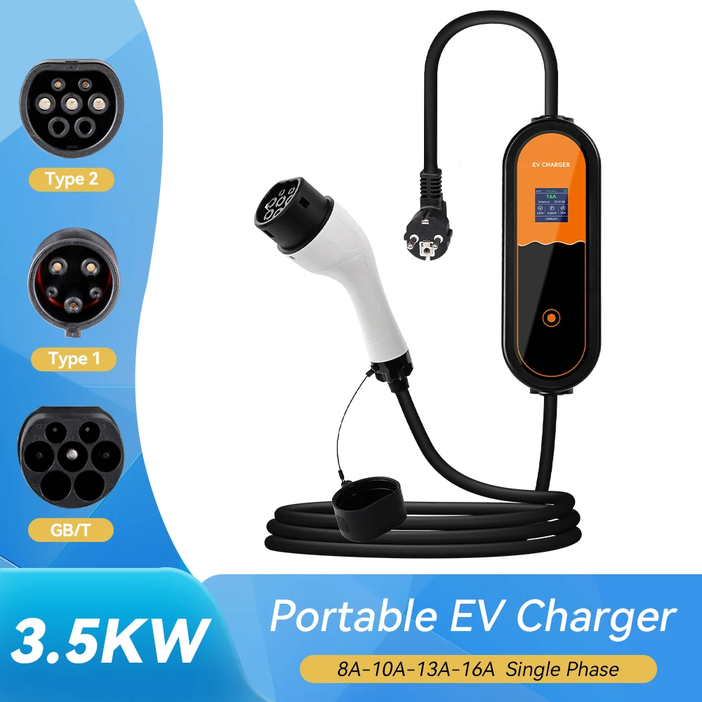 Przenośna ładowarka do pojazdów elektrycznych 3,5 kW Typ 2, 16 A, 1 faza, wtyczka EU, EVSE, regulacja prądu ładowania pojazdów elektrycznych 8 A-10 A-13 A-16 A