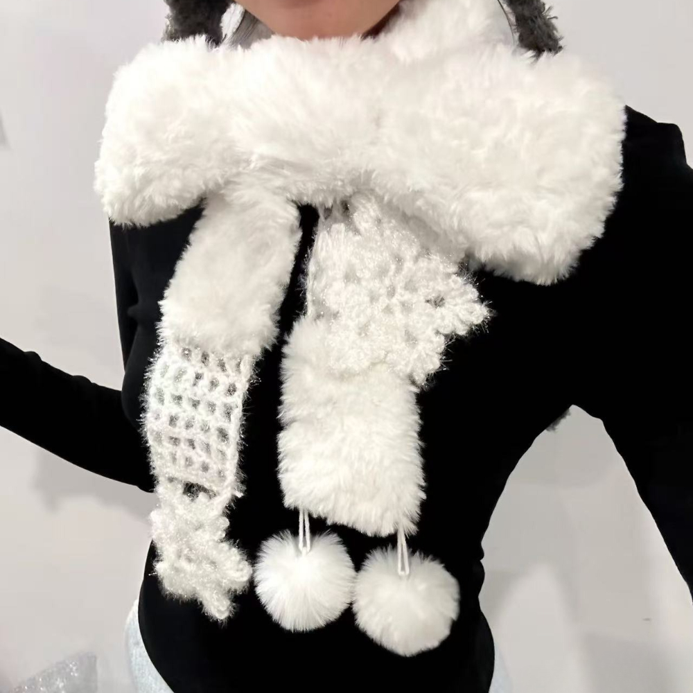 Зимний шарф ручной вязки со снежинками, милый теплый милый шарф для девочек, меховой шарф, универсальные аксессуары для покупок, шарф