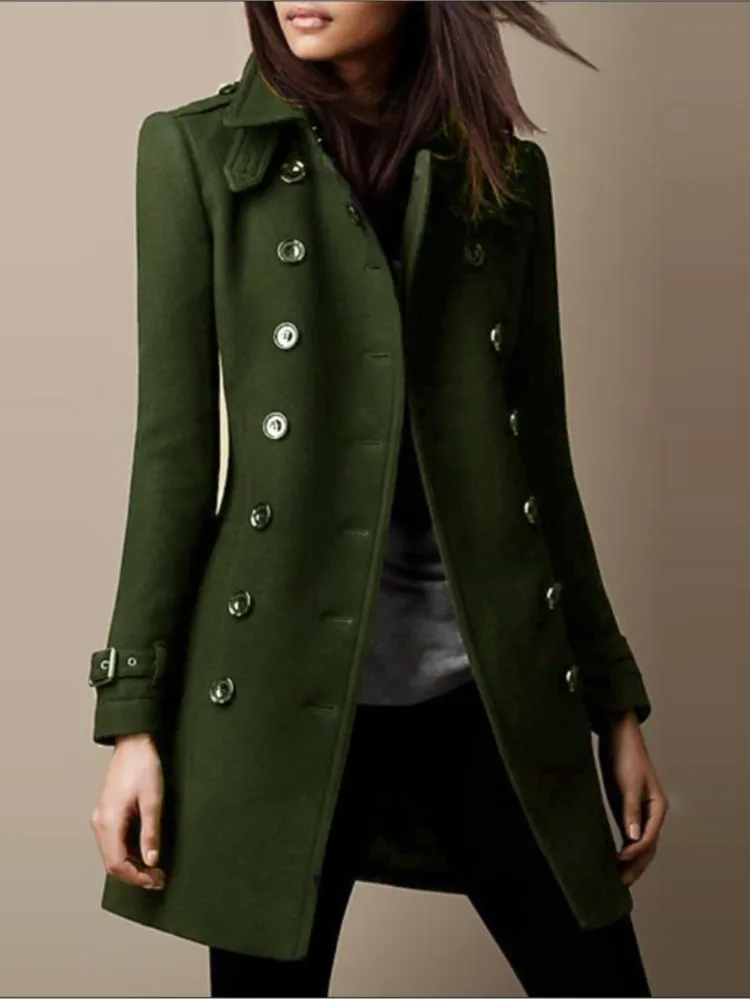 Winter-Damen-Wolljacken, zweireihig, mit Klappe und Revers gefüttert, Mantel, solide, schlanke, elegante Damen-Oberbekleidung 2024