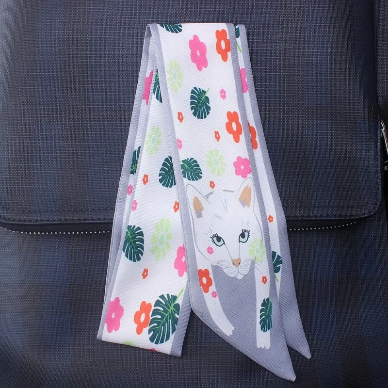 Lenço de seda feminino com estampa animal, bolsa fina e estreita com alça pequena, lenço de seda, alça de bolsa, fita, lenço de cabelo, faixa de cabeça