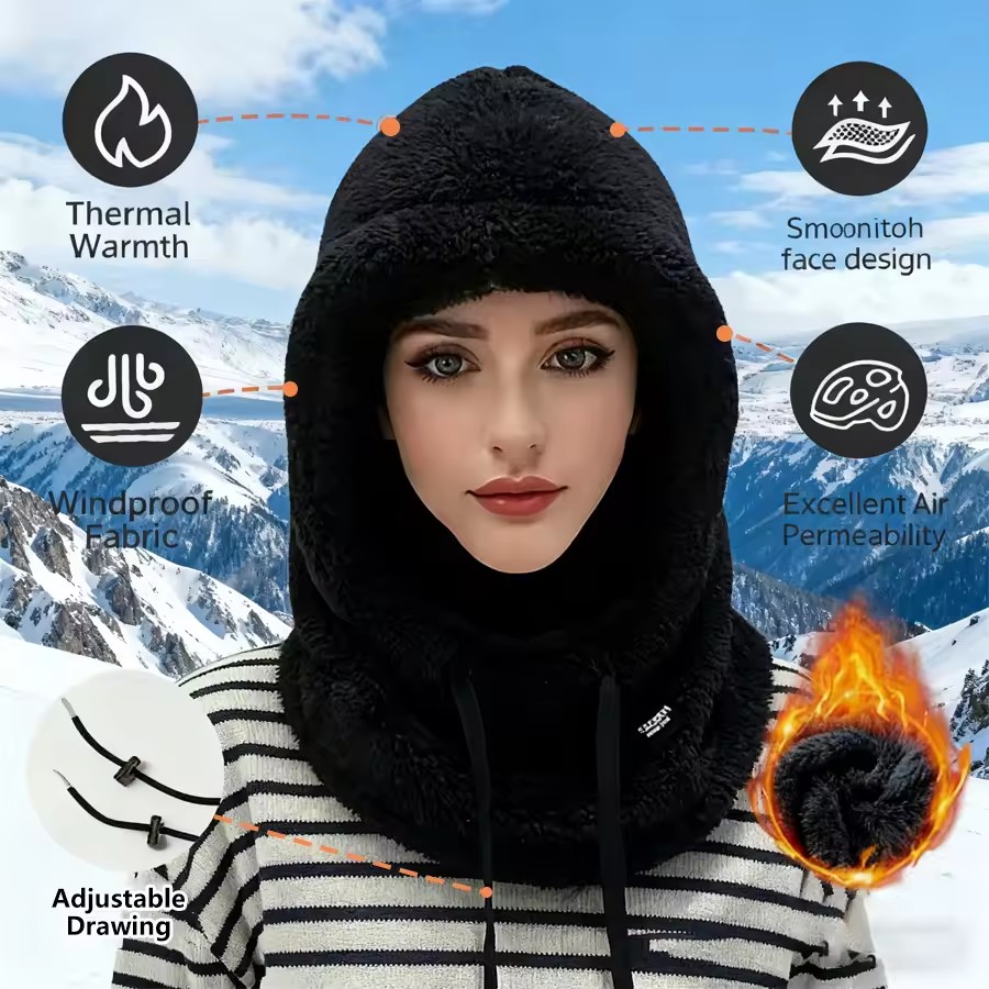 Thickened Womens Winter Hat Plush Ear Protection Neck Warmer Windproof Face Mask for Skiing Cycling Outdoor Activities