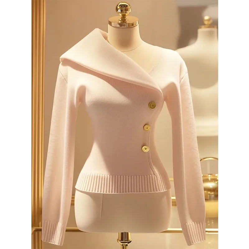 อารมณ์Elegant Niche Slim Fitสีทึบถักผู้หญิงฤดูใบไม้ร่วง2024ใหม่ไม่สมมาตรLapelเสื้อกันหนาวPullover