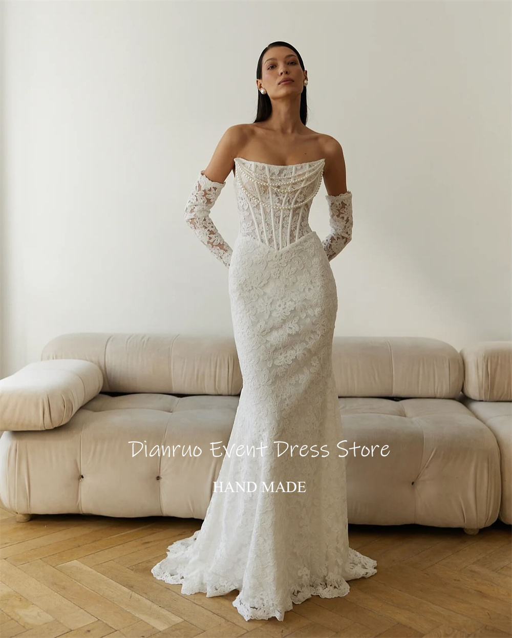 Dianruo Exquisite Strapless Mermaid Wedding Dresses Pearls Luxury Robe De Mariée 2025 Lace Appliques Maxi Bride Gowns Customized