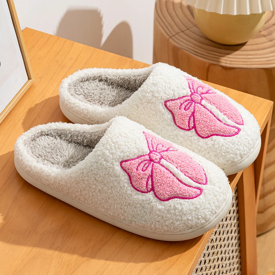แฟชั่นน่ารักสวยโบว์ผู้หญิงรองเท้าแตะในร่มฤดูหนาว Soft Sole ประณีต WARM Graceful Causal หอพัก Comfy แบนรองเท้าผ้าฝ้าย