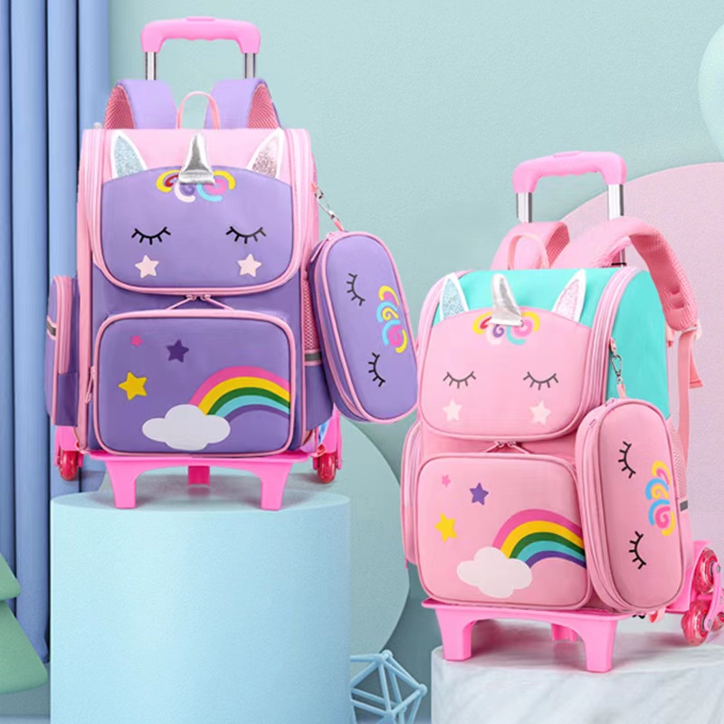Cartoon-Einhorn-Schultaschen, Rucksack mit Rollen für Mädchen, Trolley-Tasche mit Rollen, für Studenten, Kinder, Rollrucksack, Trolley-Tasche