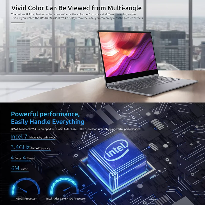 BMAX Y14 2025 360 °   Computer portatile Touch Notebook da 14 pollici 16 GB di RAM LPDDR5 512 GB SSD Windows 11 1920 * 1080 IPS Intel N100 Computer portatili