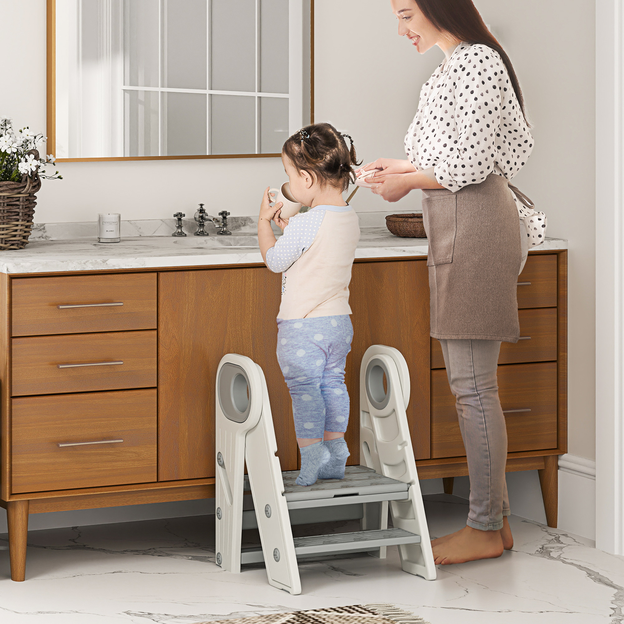 AIYAPLAY Taburete para Niños Plegable y Adjustable con Asa Gris y Blanco