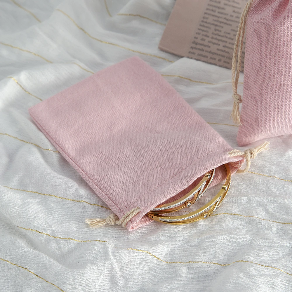 Bolsa de almacenamiento de accesorios de joyería, color rosa, para fiesta de cumpleaños, boda, anillo, pendiente, collar, regalo, bolsas con cordón de algodón Natural, 10 Uds.