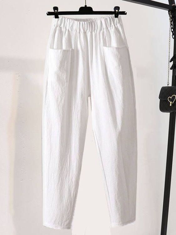 Loose Casual Pants Women's Summer Slimming White Rutabaga Pants Cotton Linen Large Size Straight Nine Points Harlan Pants
