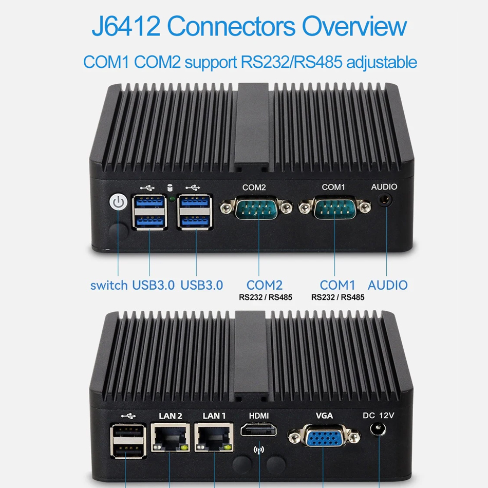 XCY Mini PC Intel Celeron J6412 Quad Cores 2x RS232/485 Dual Ethernet Mini PCIe HDMI VGA Fanless Industrial IPC Windows Linux