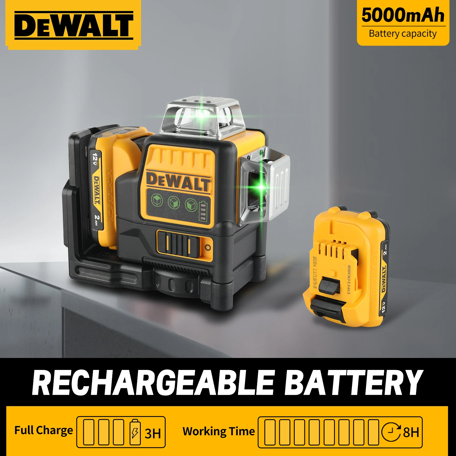 Dewalt DW089LG 3 côtés * 360 degrés Vertical 12V batterie au Lithium 12 lignes niveau Laser compteur vert horizontal machine nue extérieure