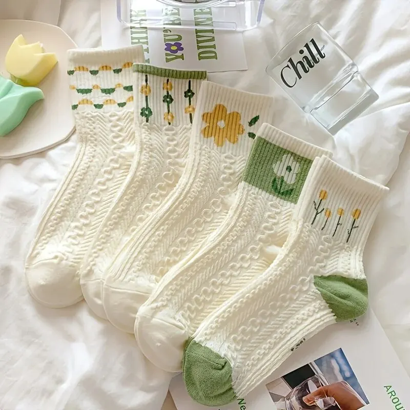 5 paia di calzini floreali retrò, calzini solidi con texture, calzini e calzetteria da donna, calzini a metà polpaccio, calzini casual retrò rustici