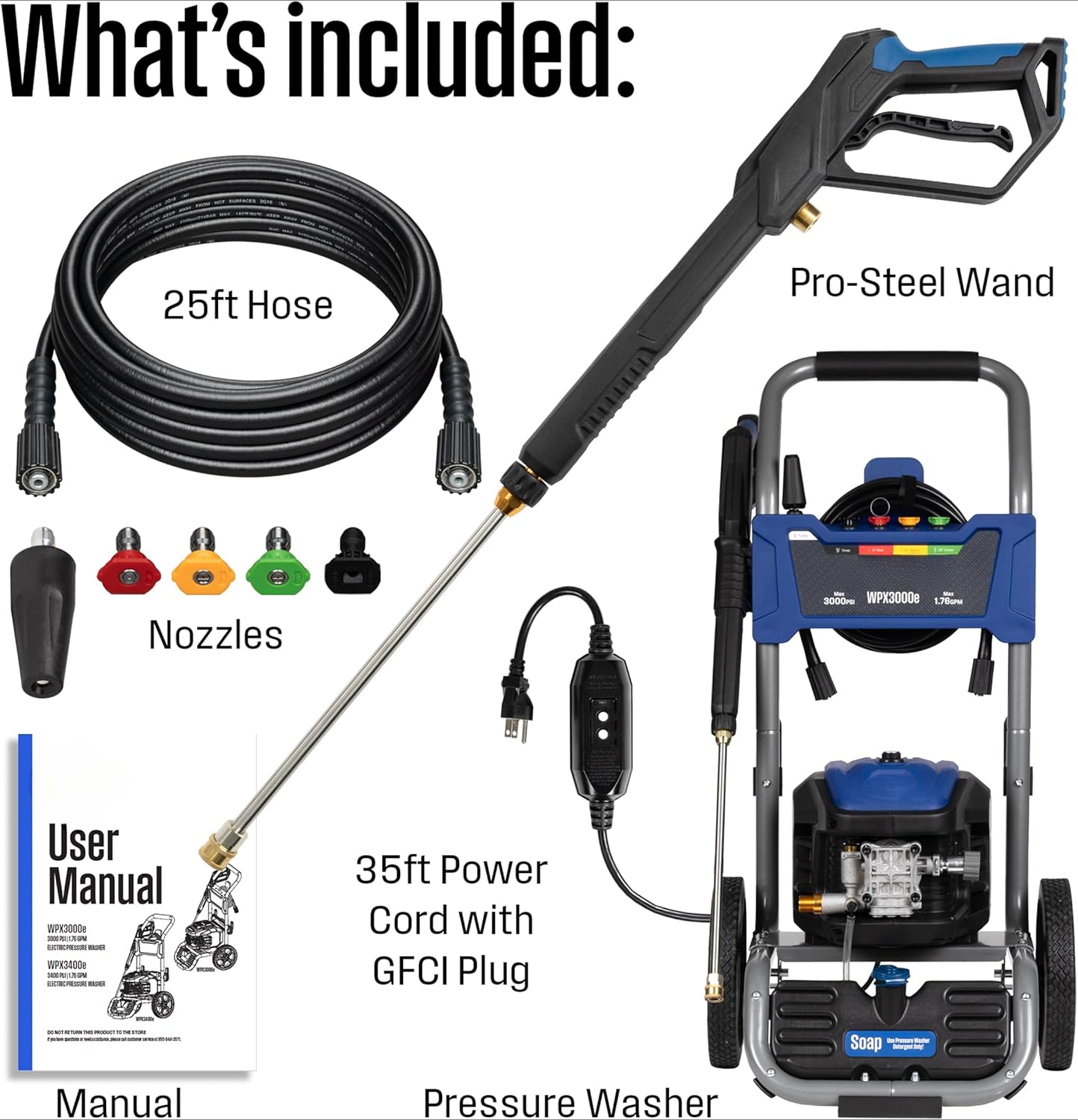 WPX3000e Electric Pressure Washer, 3000 Max PSI and 1.76 Max GPM, Induction Motor, Onboard Soap Tank, Spray Gun and