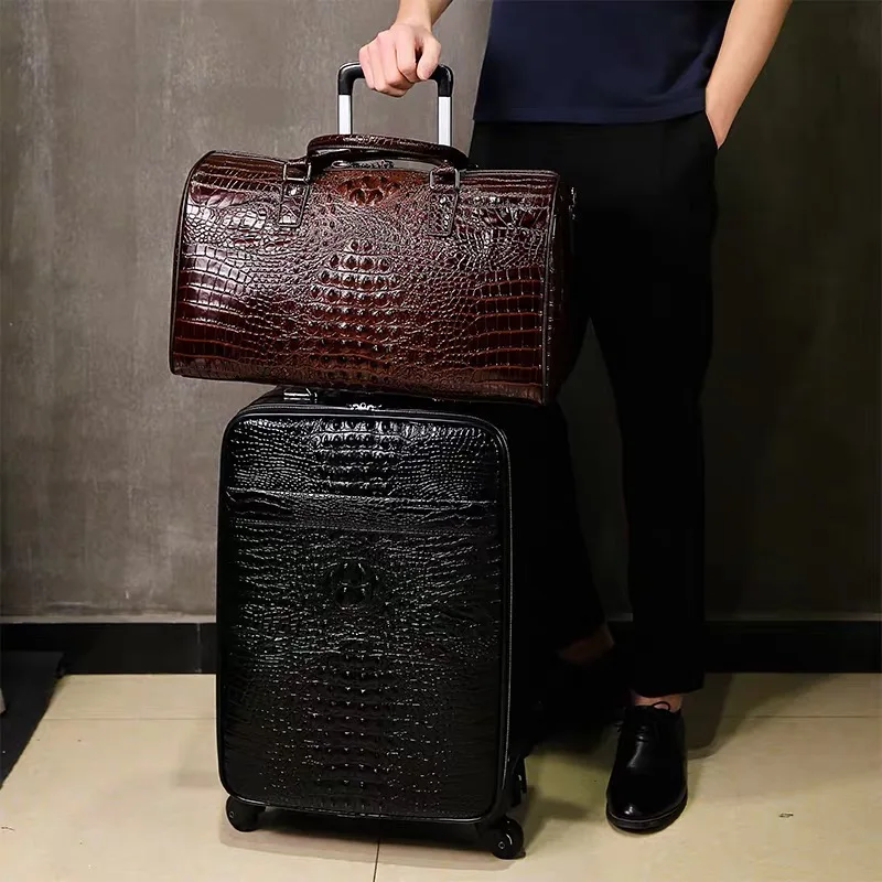 100% Echt leder Reisegepäck mit Handtasche Männer Kopf Rindsleder Universal rad Krokodil Muster Koffer 20 Zoll Boarding Case