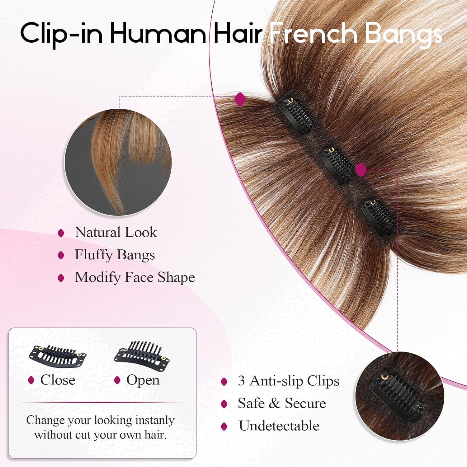 Ombre brun à blond pince en frange 100% vrais cheveux humains frange vaporeuse frange morceaux de cheveux 3 Clips sécurisés dans une frange complète fausse frange