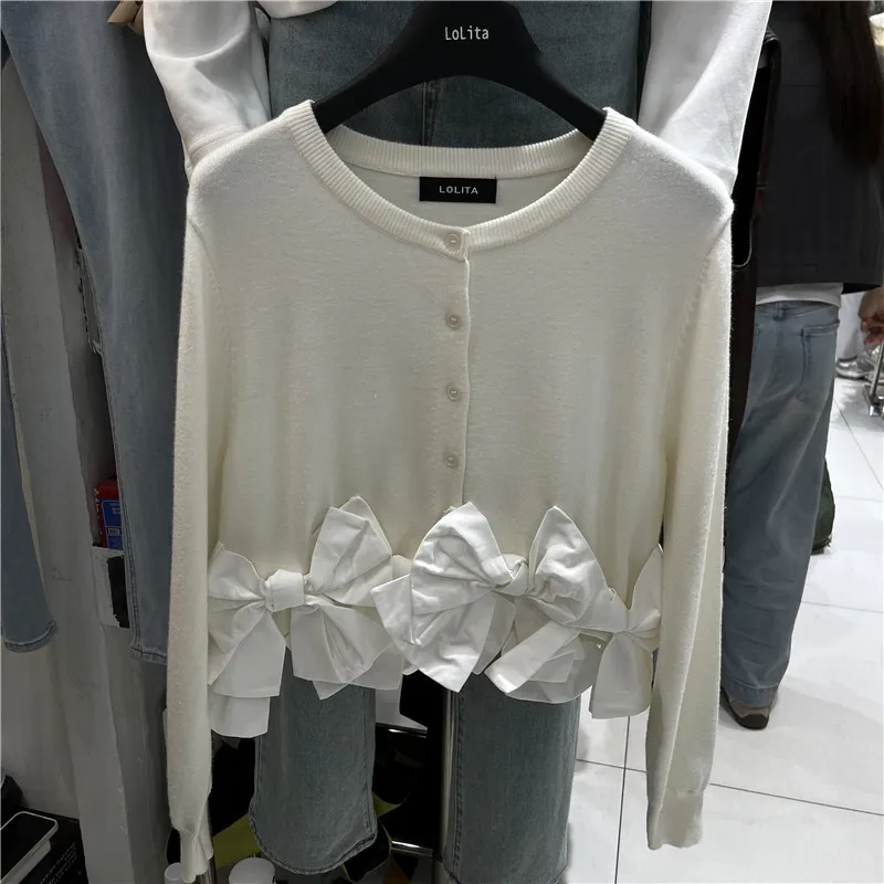 Cardigan Curto Sem Mangas de Estilo Coreano com Decote Redondo e Abertura, Moda Fena com Pesadas Aplicações e Laço de Bor...