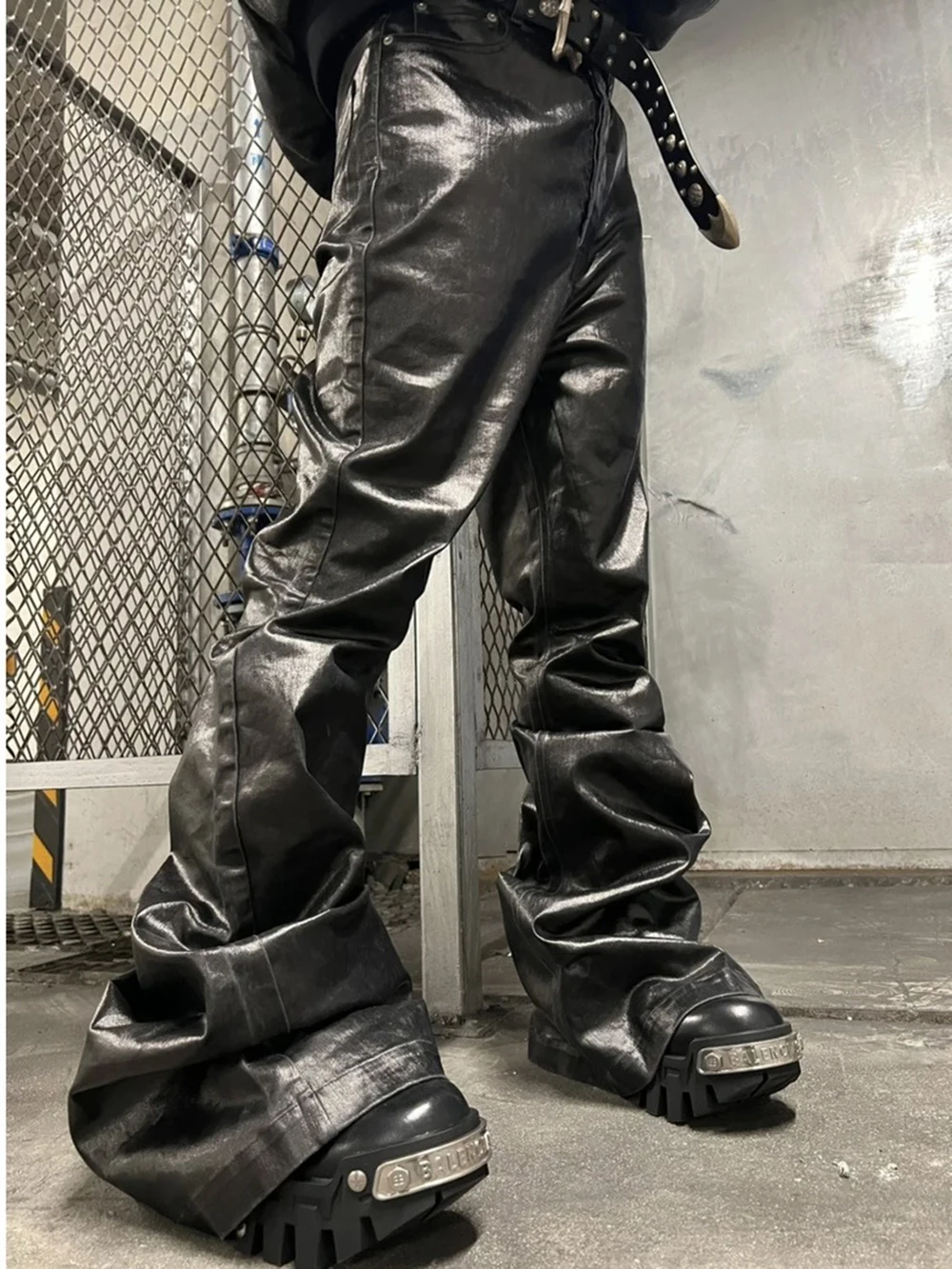 High Street Hose aus glänzendem Pu-Leder mit weitem Bein, Schärpen, Boot-Cut-Hose für Herren und Damen, gerade Baggy-Freizeitjeans, übergroße Schlaghose