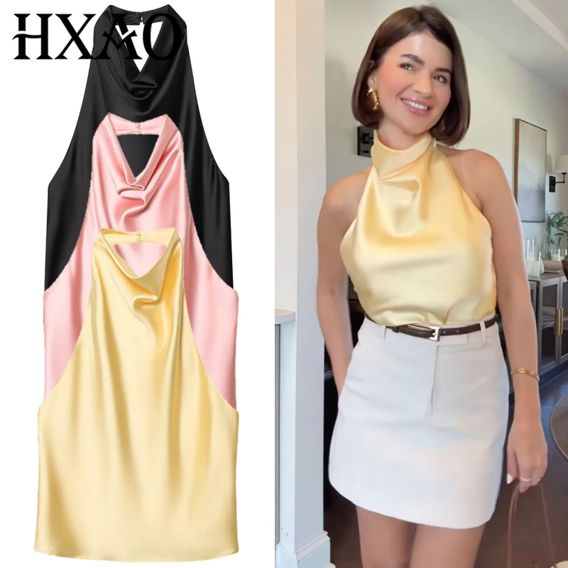 HXAO 2025 Top Halter de satén para mujer, camisetas sin mangas y camisetas sin mangas negras y amarillas con hombros descubiertos, camiseta sin mangas a la moda, chalecos sin espalda