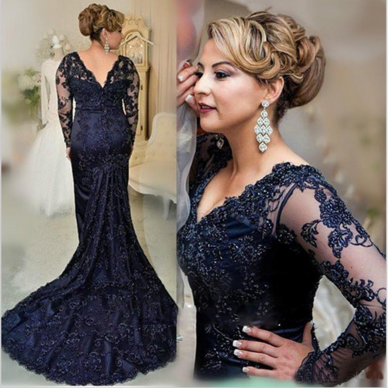 2020 Marineblau Mutter Kleid Elegante Lange Hülse V-ausschnitt Spitze Applique Hochzeit Party Kleid Meerjungfrau Mutter Der Braut kleid