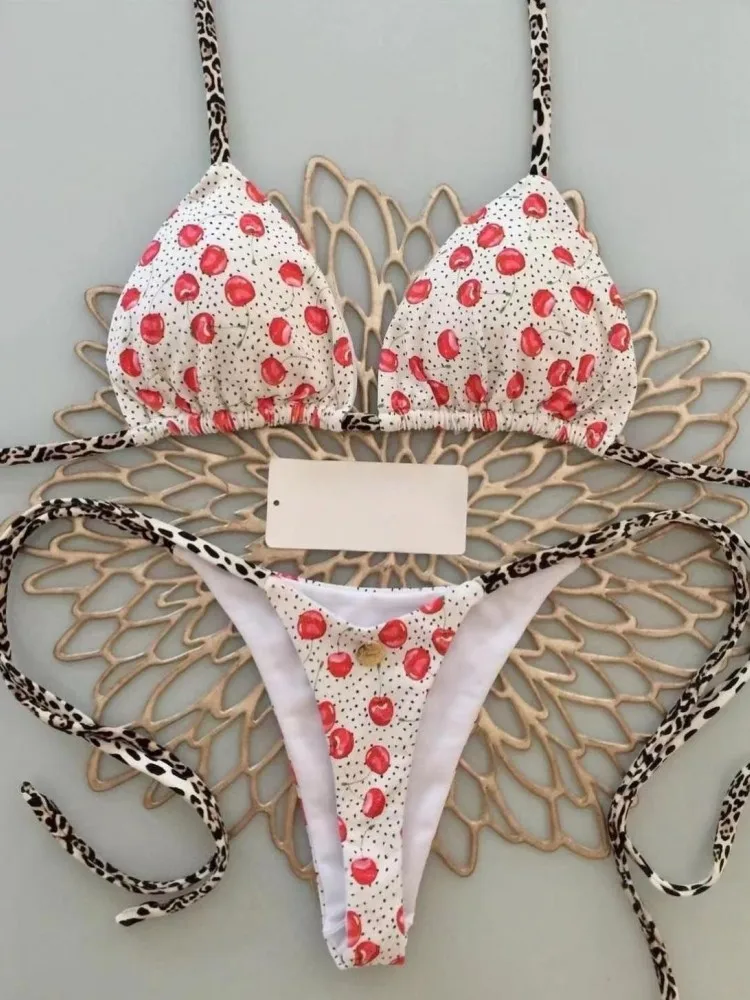 Maillots de bain femmes mignon cerise imprimé brésilien string Bikini ensemble Sexy string maillot de bain deux pièces maillot de bain femmes 2023 vêtements de plage