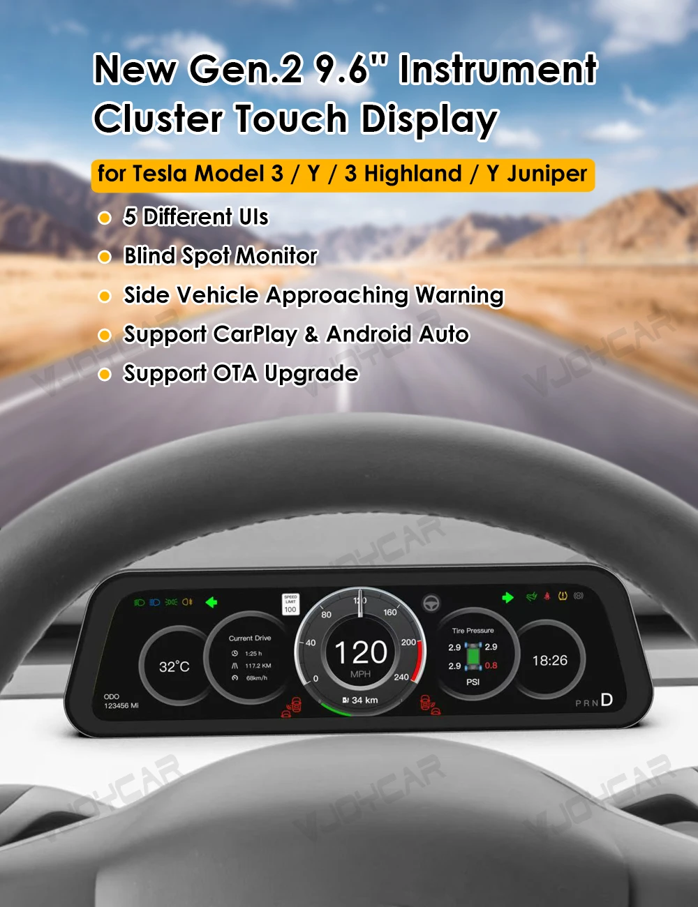 voor Tesla Nieuwe Gen 2 9,6 inch Instrumentendisplay Model Y 3 Dodehoeksherinnering OTA Update Nieuw Model 3 Nieuw Y Juniper Dashboard