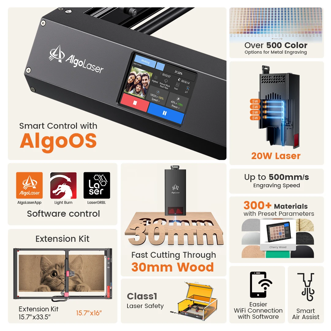 AlgoLaser Alpha MK2 20W เครื่องตัดเลเซอร์ Air Assist ปั๊ม 400 มิลลิเมตร/วินาที CNC โลหะแกะสลักไม้ Lase แกะสลักเครื่อง