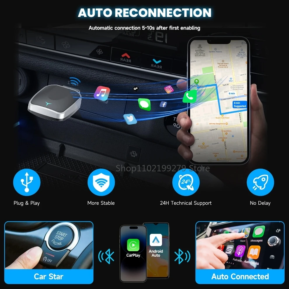 2025 NOWY Bezprzewodowy Carplay AI Box 2 w 1 Android Auto Plug And Play Do Konwersji Oryginalnego Przewodowego Carplay w Bezprzewodowy