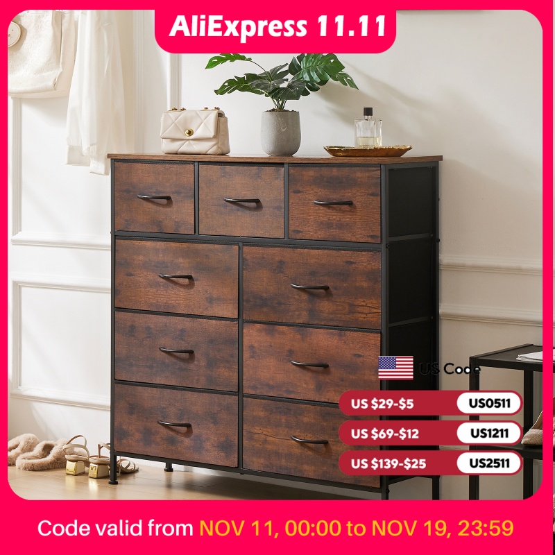 JHK Dresser For Bedroom With 9 Fabric Storage Drawer Wardrobe Tall Chest Organizer Closet Adult Kids Clothes Cabinet Furniture