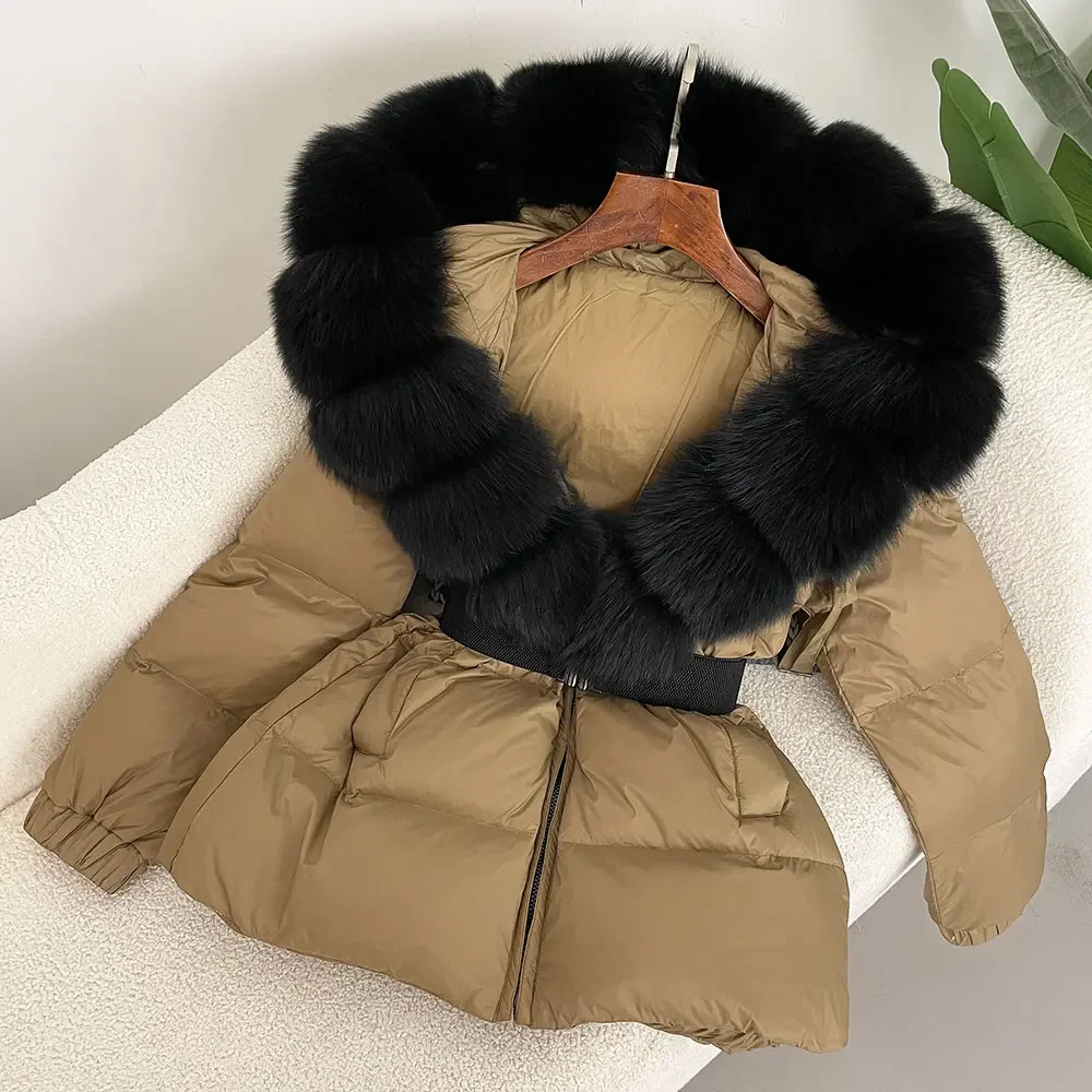 ファッション 2024 冬のジャケットの女性リアルナチュラルキツネの毛皮の襟フード付き厚く暖かい 90% ホワイトダックダウンコート女性ストリートカジュアル
