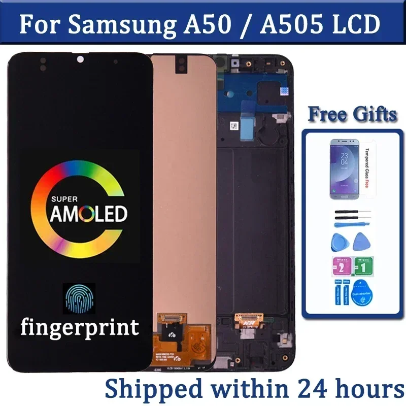Super AMOLED สําหรับ Samsung A50 A505 A505F A505FN A505GN A505FM จอแสดงผล LCD Touch Screen Digitizer ASSEMBLY