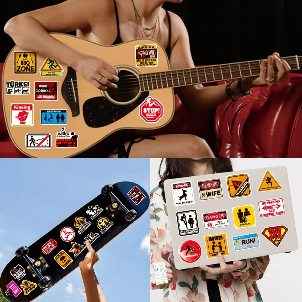 50/100 pçs dos desenhos animados adesivos de advertência perigo proibição skate guitarra portátil motocicleta carro clássico brinquedo legal decalques adesivo