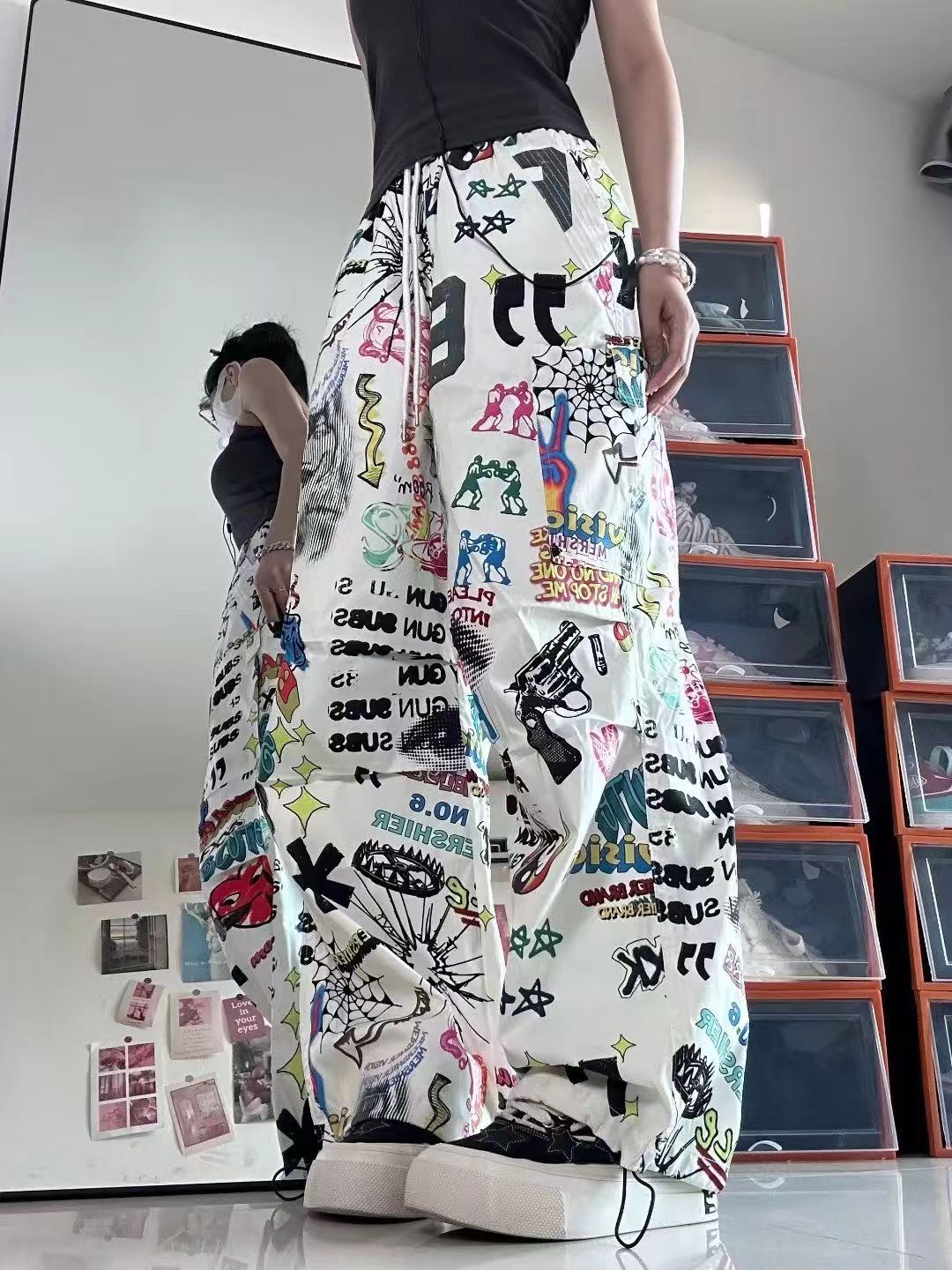Pantalon Chic imprimé Graffiti pour femmes, mode Harajuku, cordon de serrage, jambes larges, ample, survêtement, Streetwear coréen Y2k