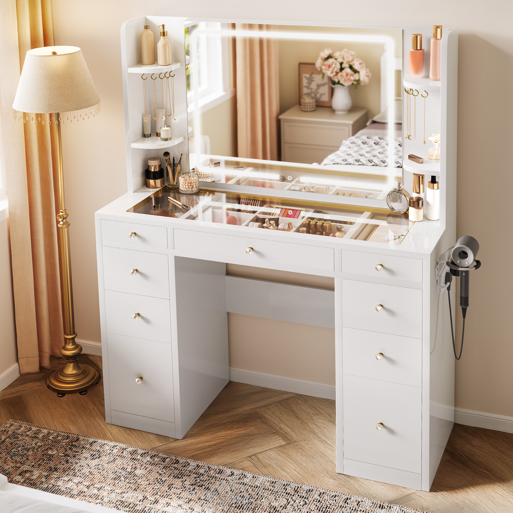YITAHOME White Vanity Table - Adjustable LED Lighting & Outlets, 9 Drawers with Dividers, Transparent Desk for Makeup