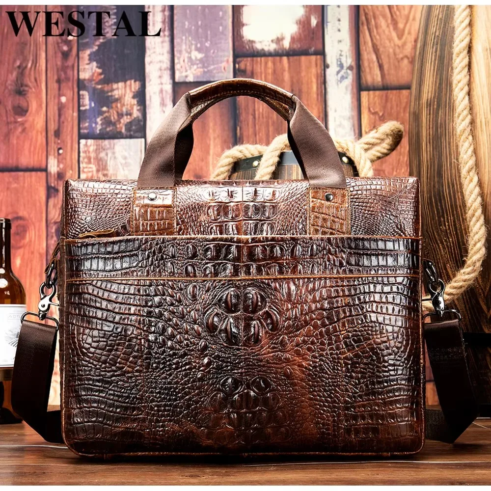 WESTAL mężczyźni teczka torba męska oryginalne skórzane torebki biurowe męska torba na laptopa skórzana teczka mężczyźni Croco Design torby komputerowe